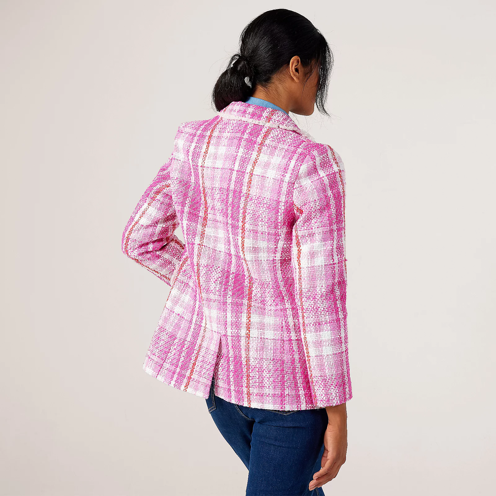 Helene Berman Pink Tweed Fringe Detail Relaxed Fit Blazer