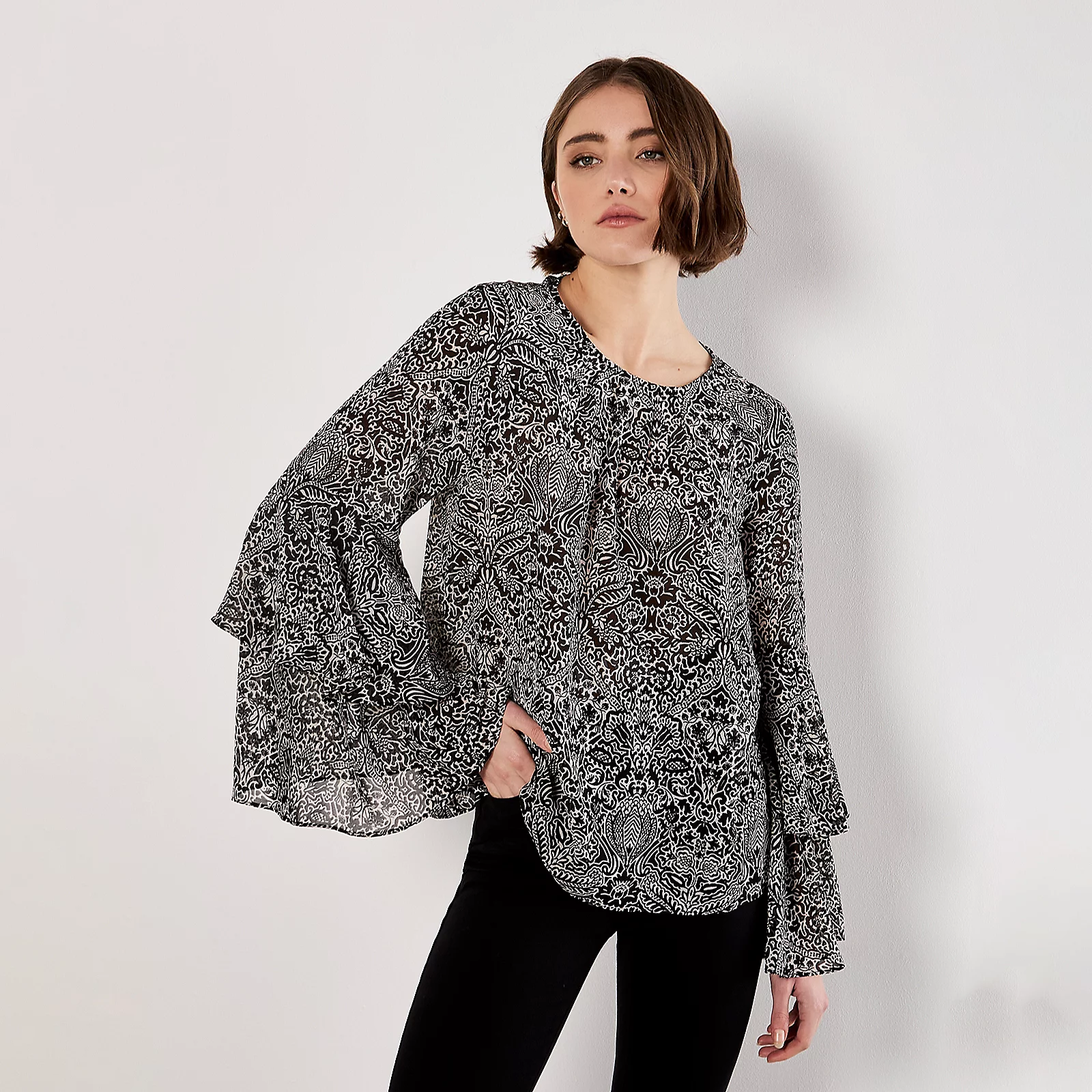 Apricot Paisley Print Ruffle Sleeve Blouse