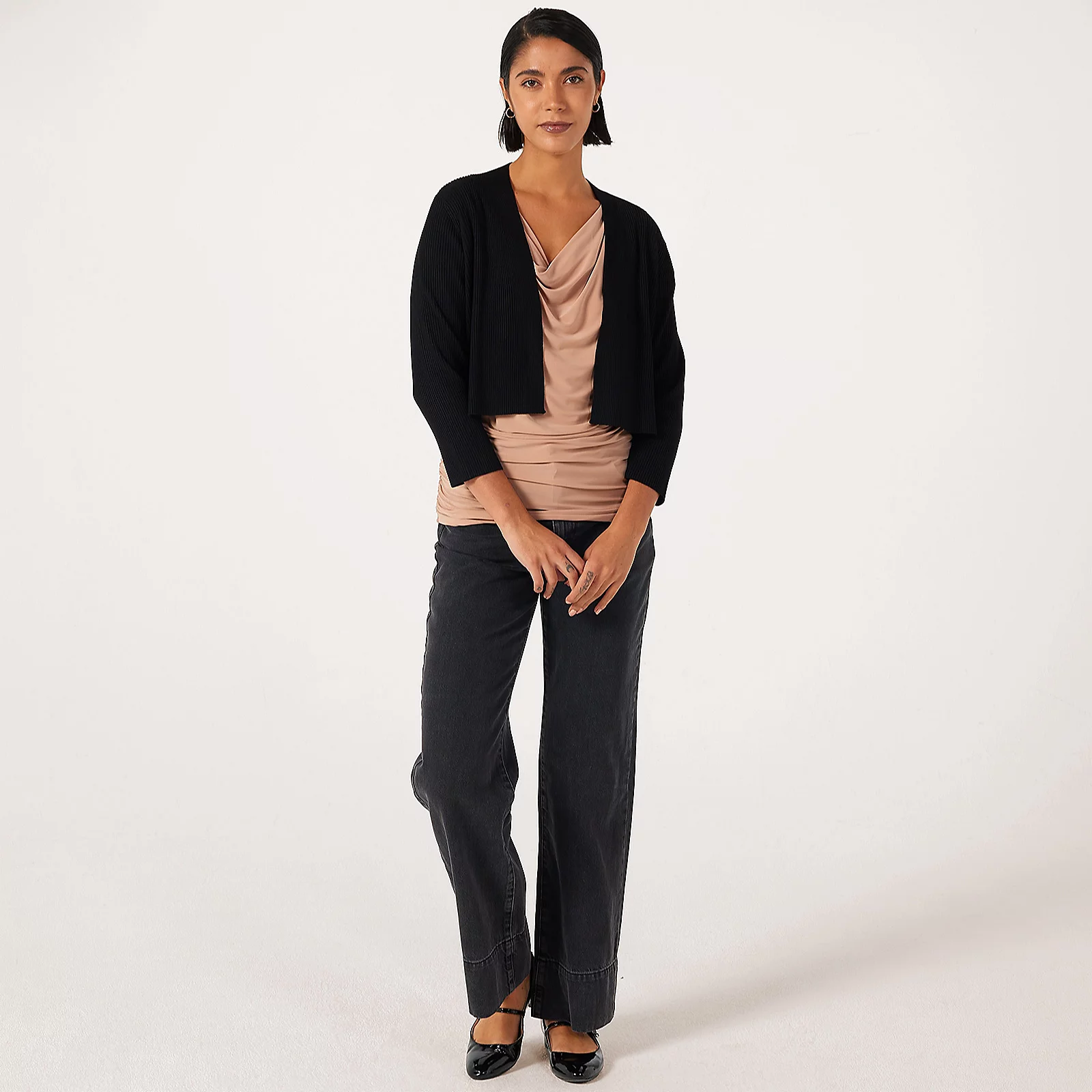 Nina Leonard 3/4 Sleeve Ribbed Bolero Cardigan