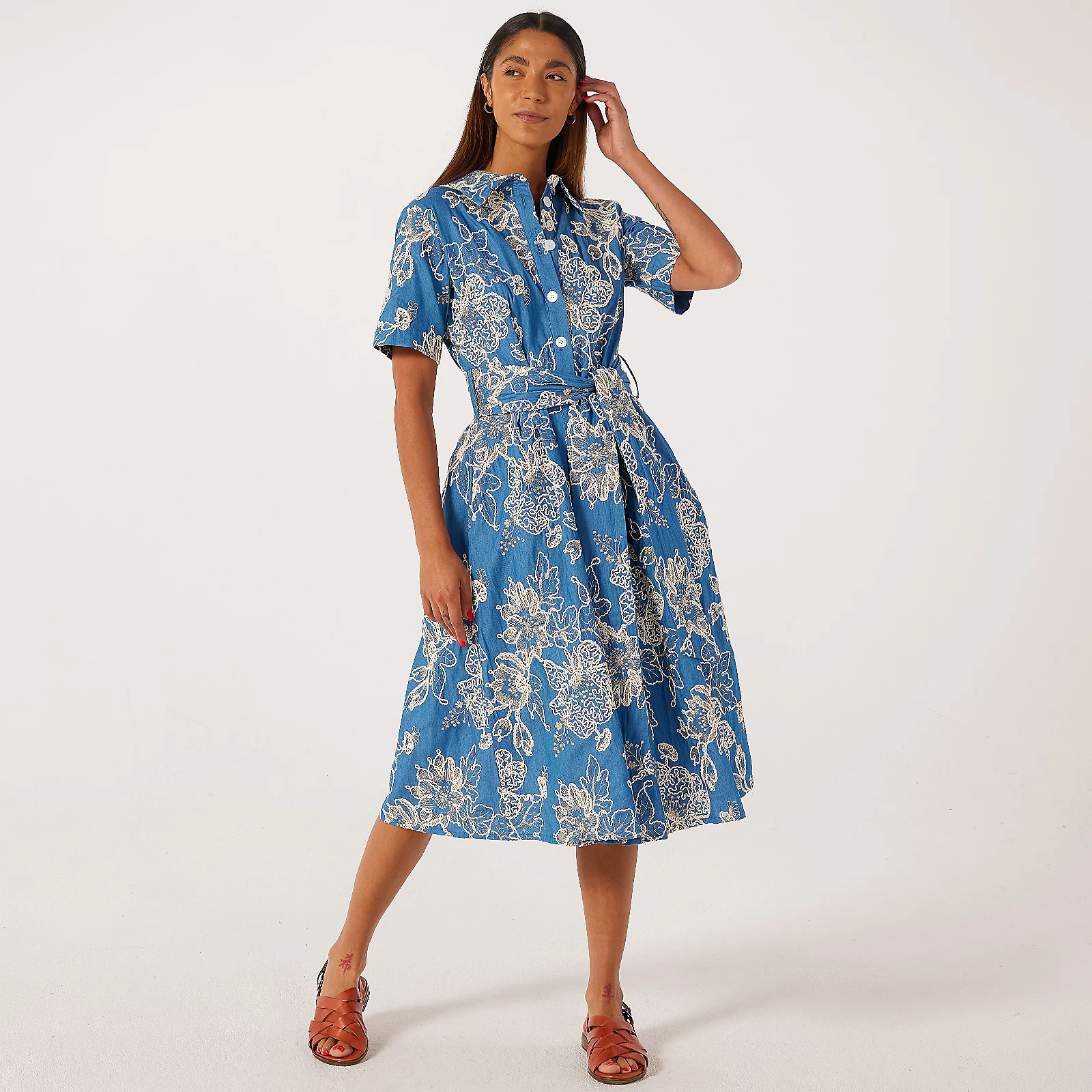 Helene Berman Short Sleeve Denim Embroidery Shirt Dress