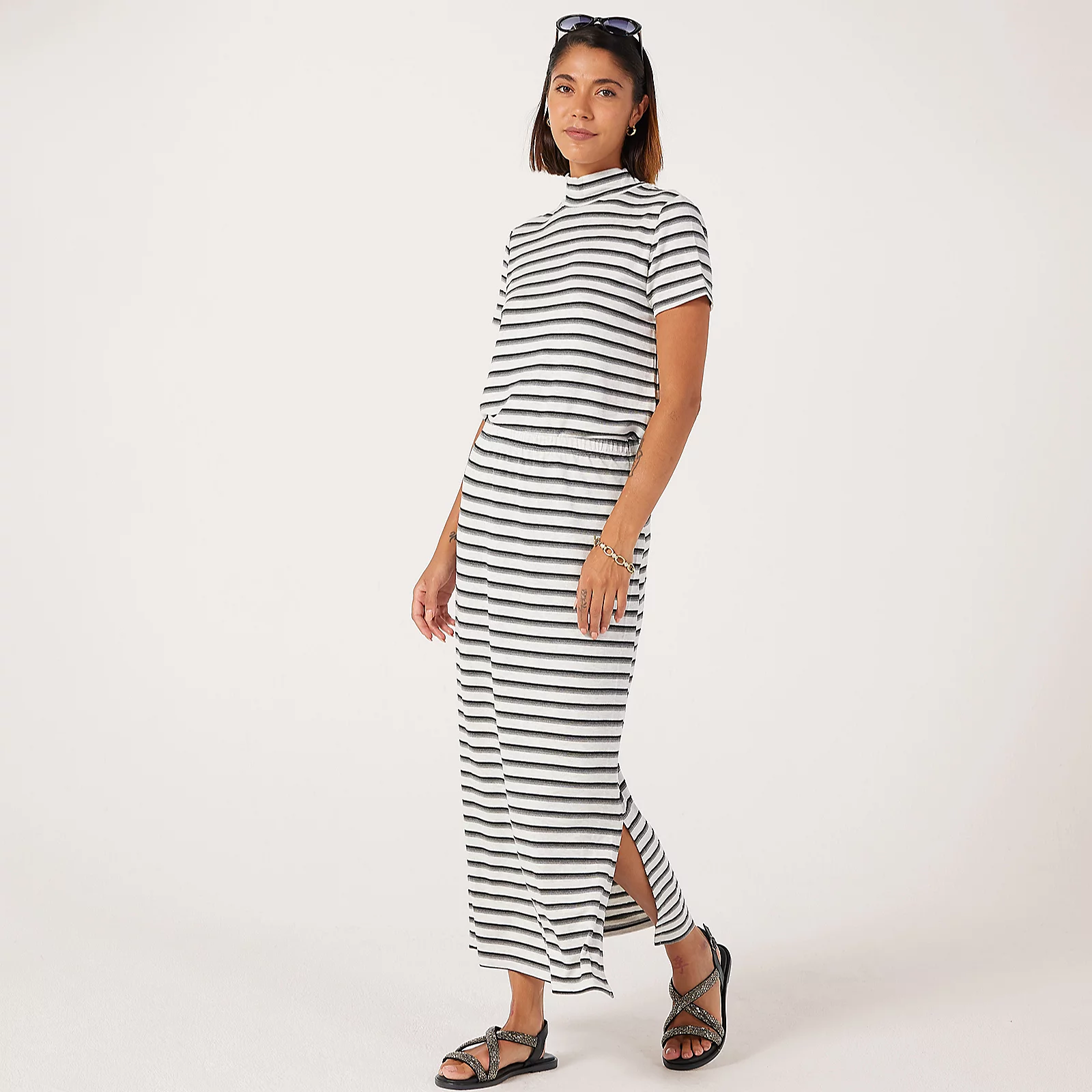 Kim & Co Bamboo Stripe Long Skirt With Side Slit