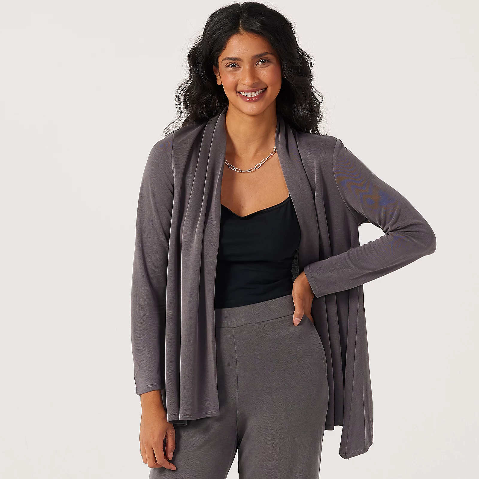 MarlaWynne Collection Light Faux Suede Knit Drape Front Cardigan
