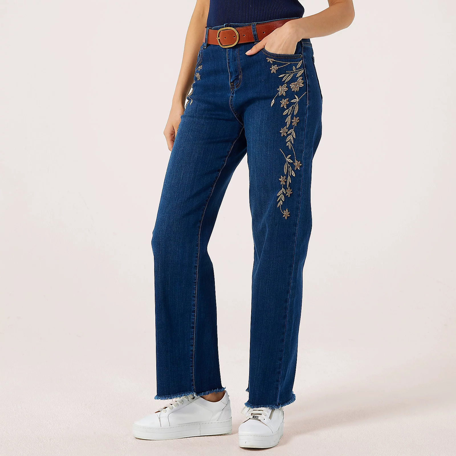 Izabel London Straight Leg Embroidery Detail Jean
