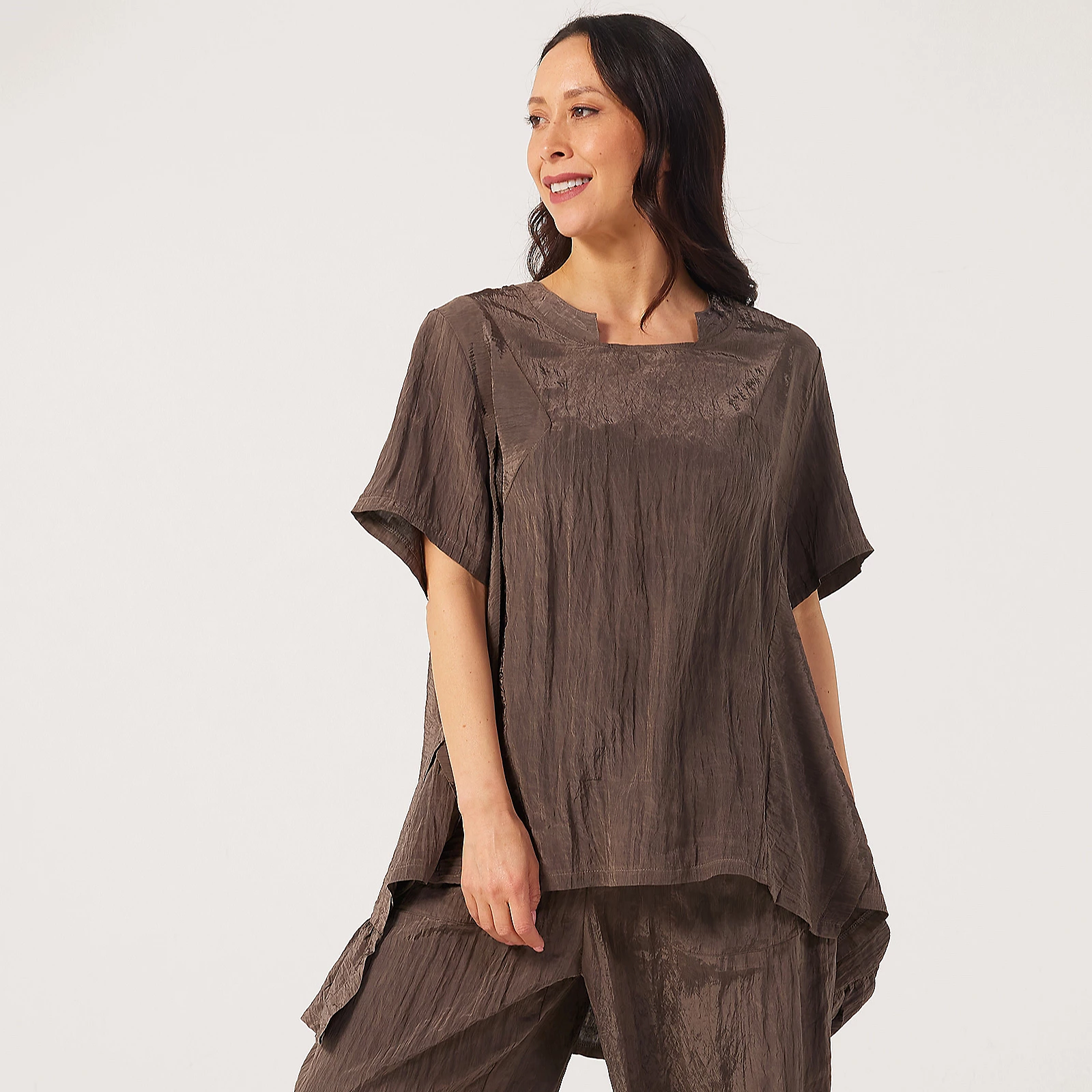 Malissa J Crinkle Sateen Top With Panel Neck Detail