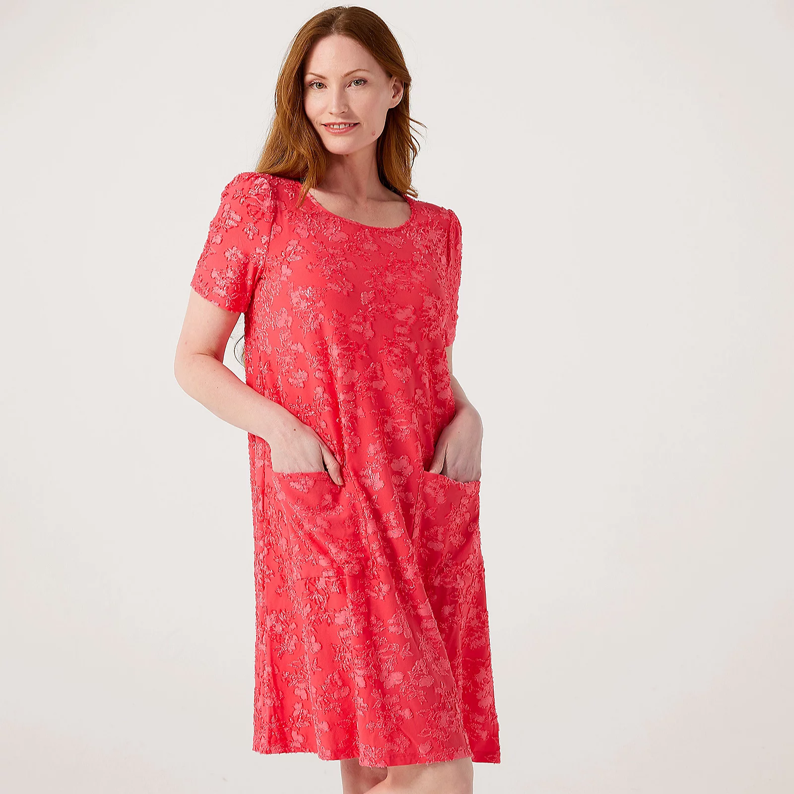 Nina Leonard Short Sleeve Jacquard Trapeze Dress With Pockets