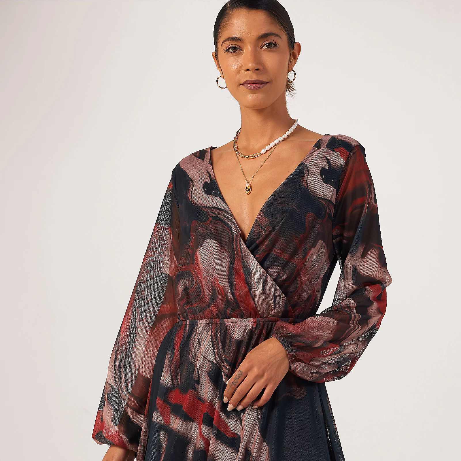 Frank Usher Printed Mesh V-Neck Mock Cross Over Dress