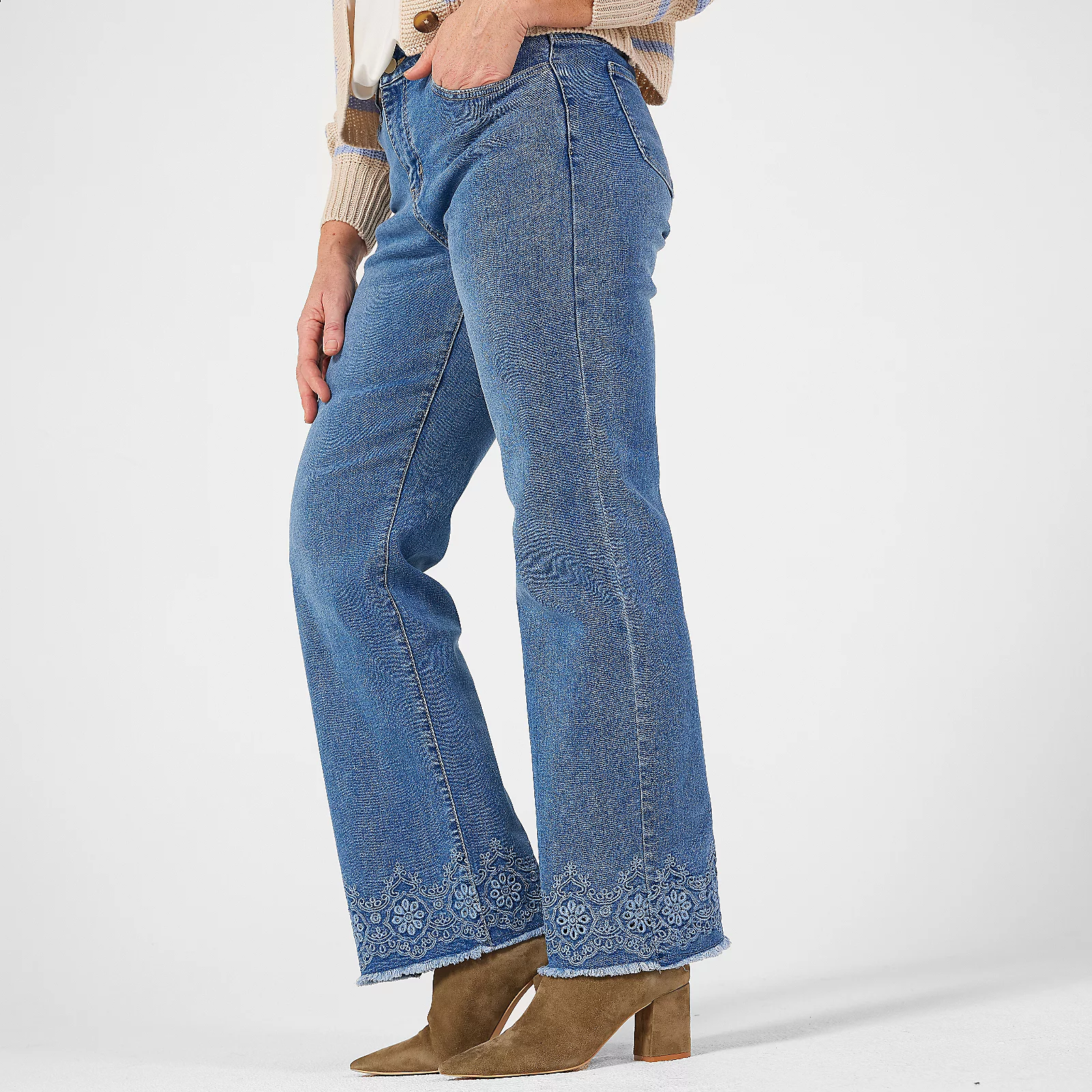 Izabel London Flare with Frayed Hem Embroidered Denim Trousers