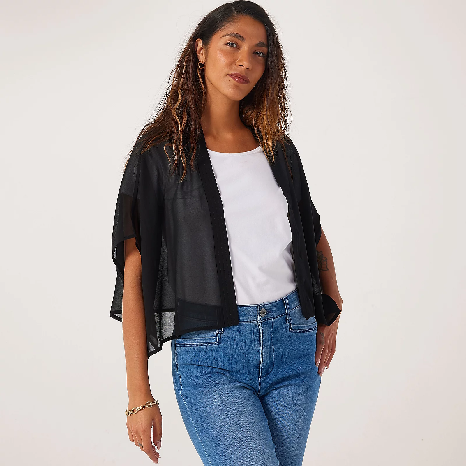 MarlaWynne Collection Chiffon Overlay Open Cardigan