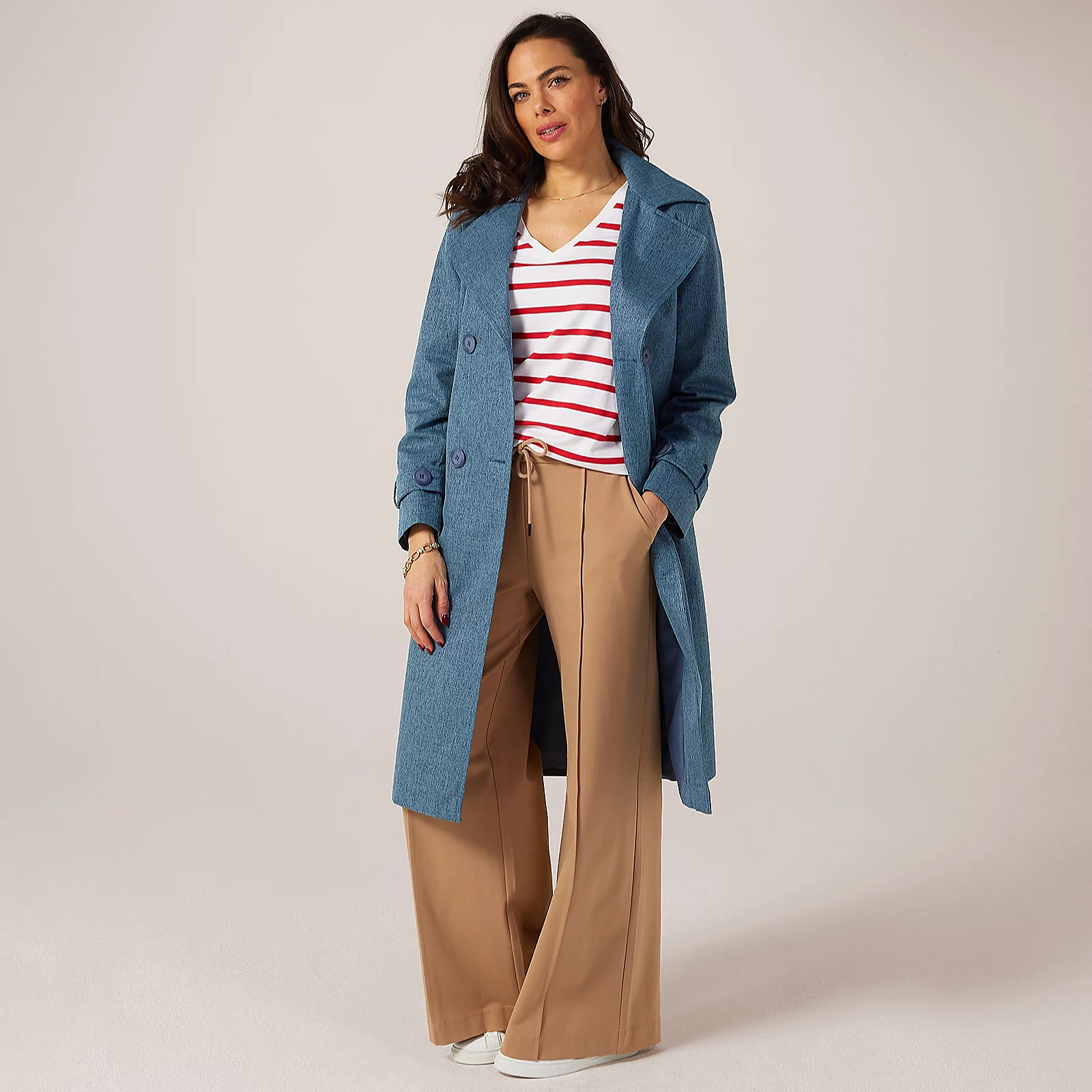 Helene Berman Denim Look Double Breasted Trench Coat