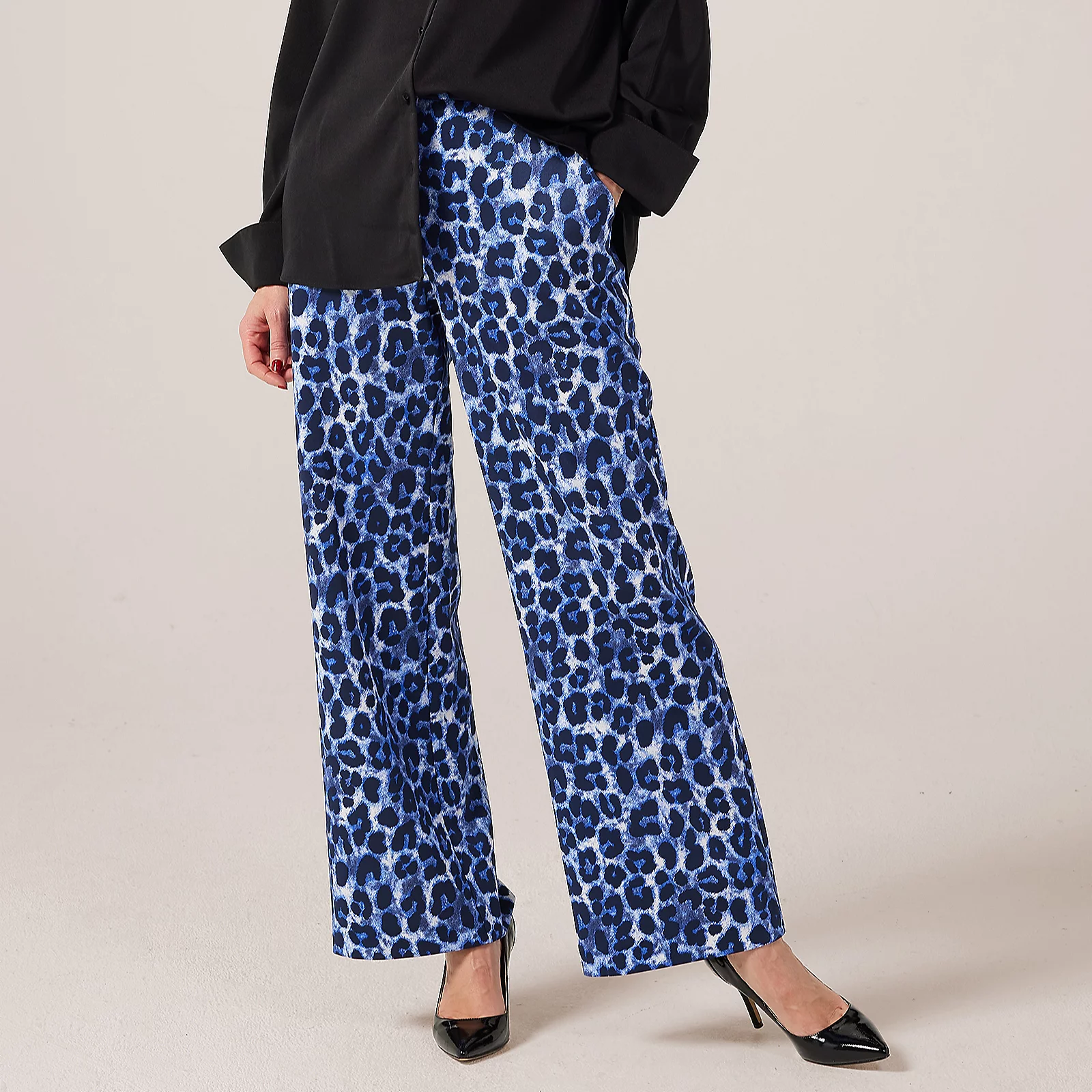 Helene Berman Blue Leopard Print Thick Jersey Stretch Trousers