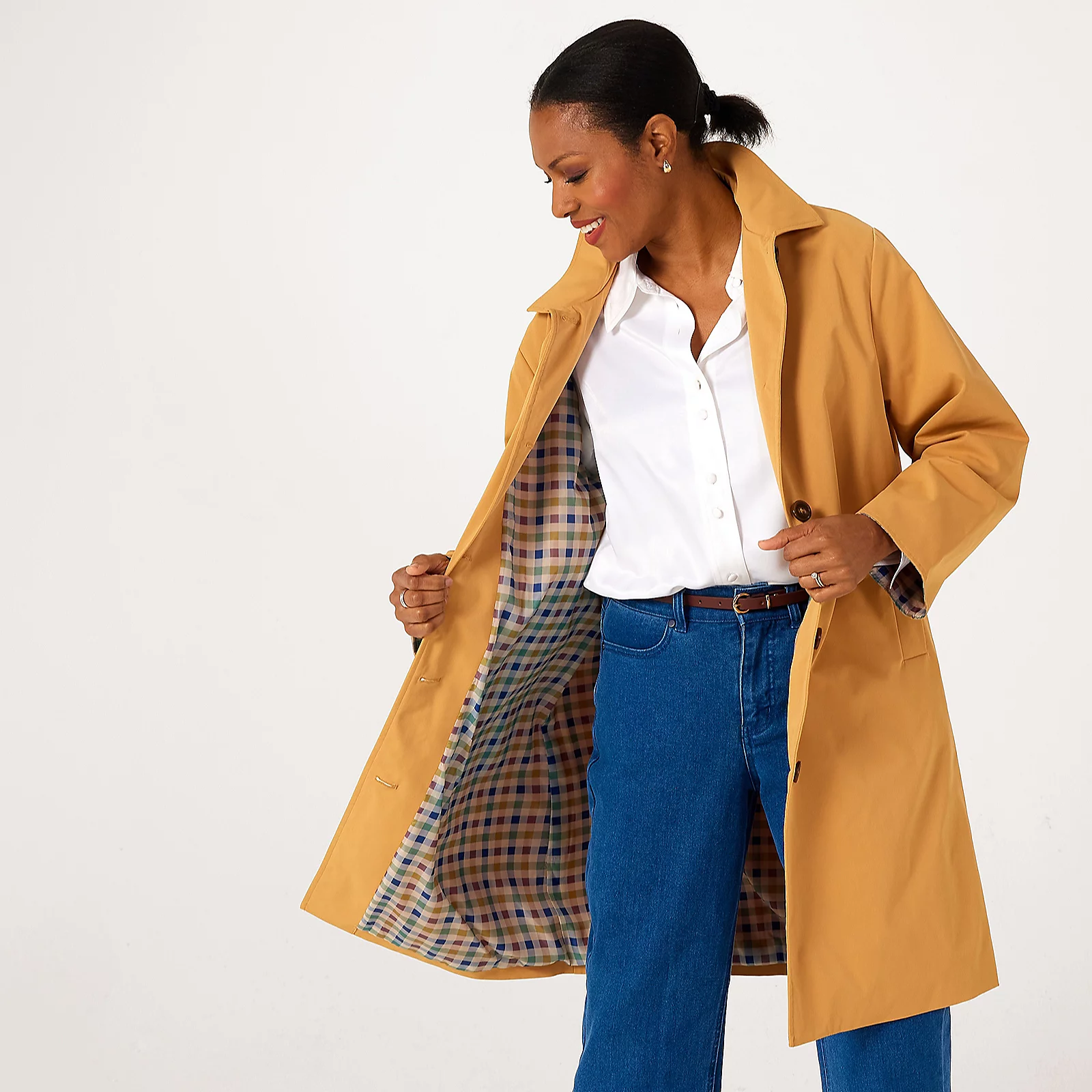 Centigrade Long Trench Coat With Check Contrast
