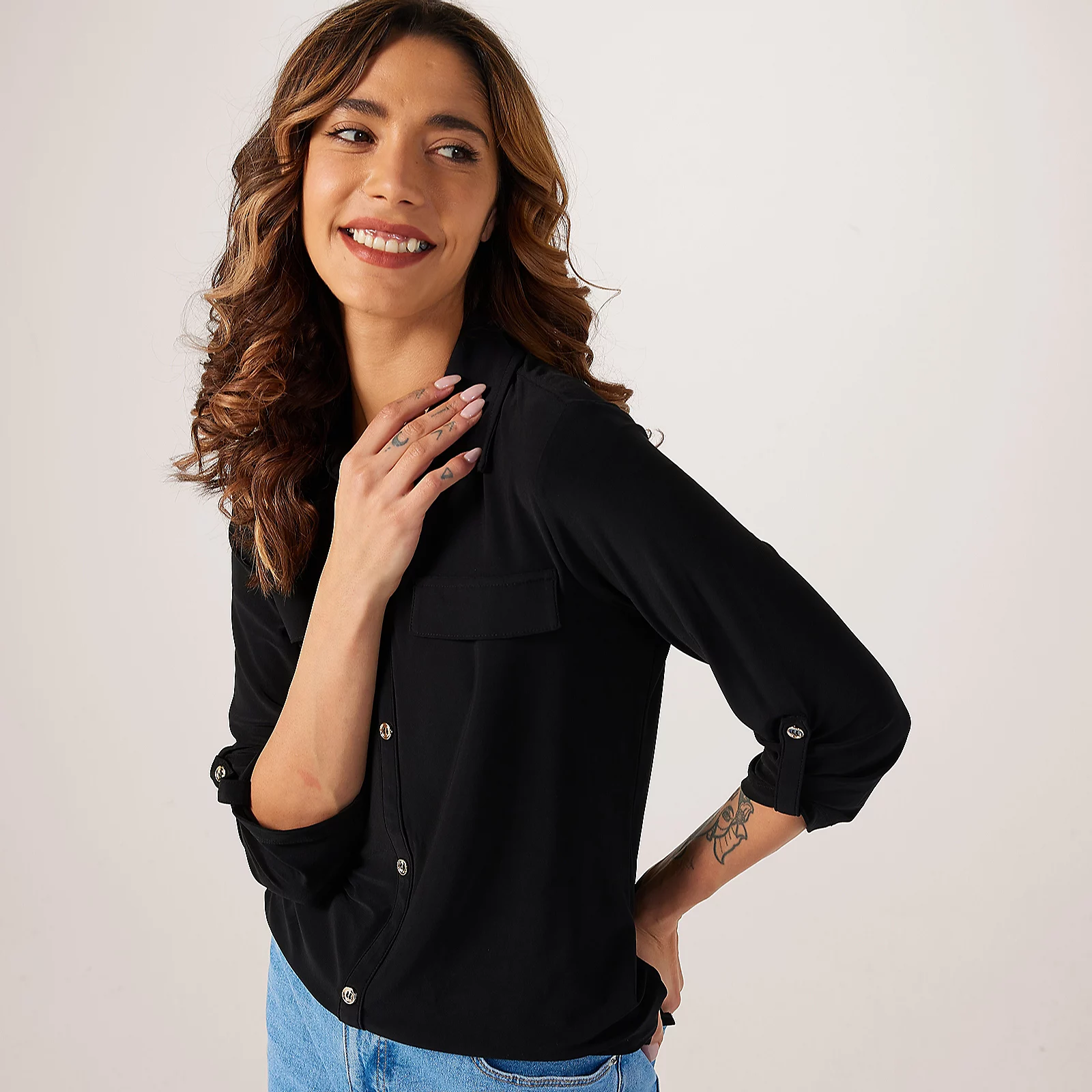 Nina Leonard Tab Sleeve Shirt with Faux Pocket