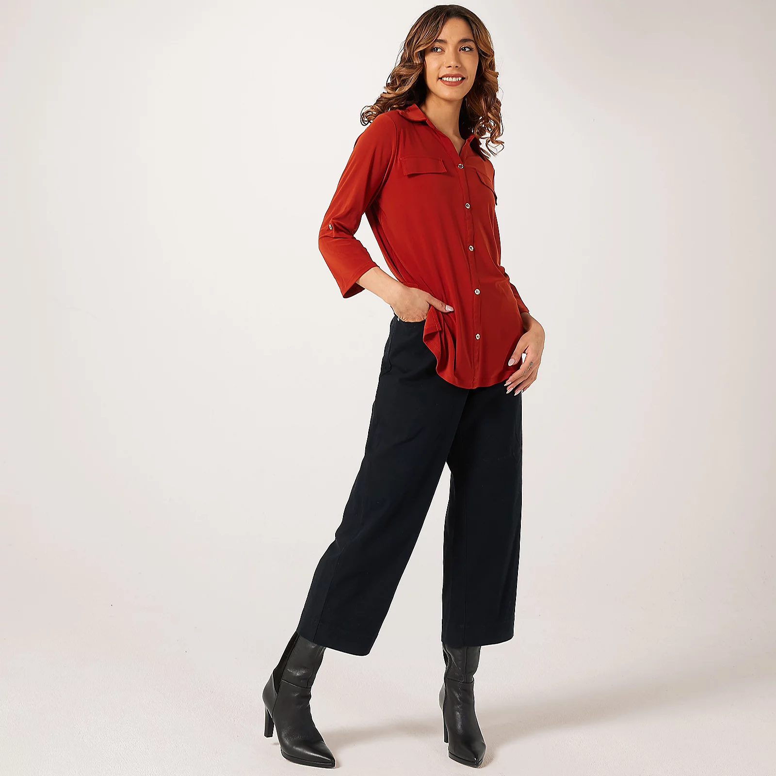Nina Leonard Tab Sleeve Shirt with Faux Pocket 3 Nina Leonard Tab Sleeve Shirt with Faux Pocket