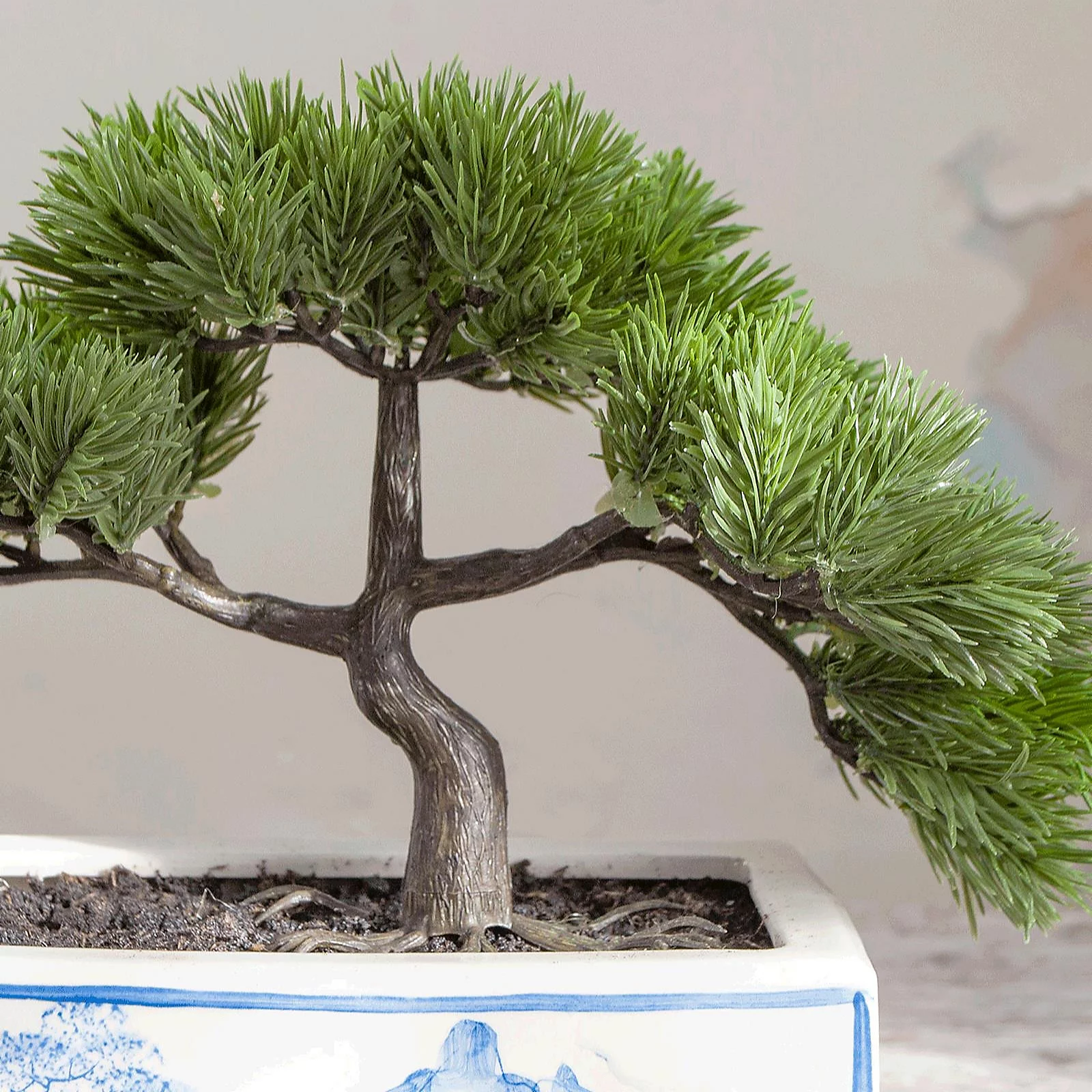 Peony Bonsai Tree Potted in a Blue and White Planter