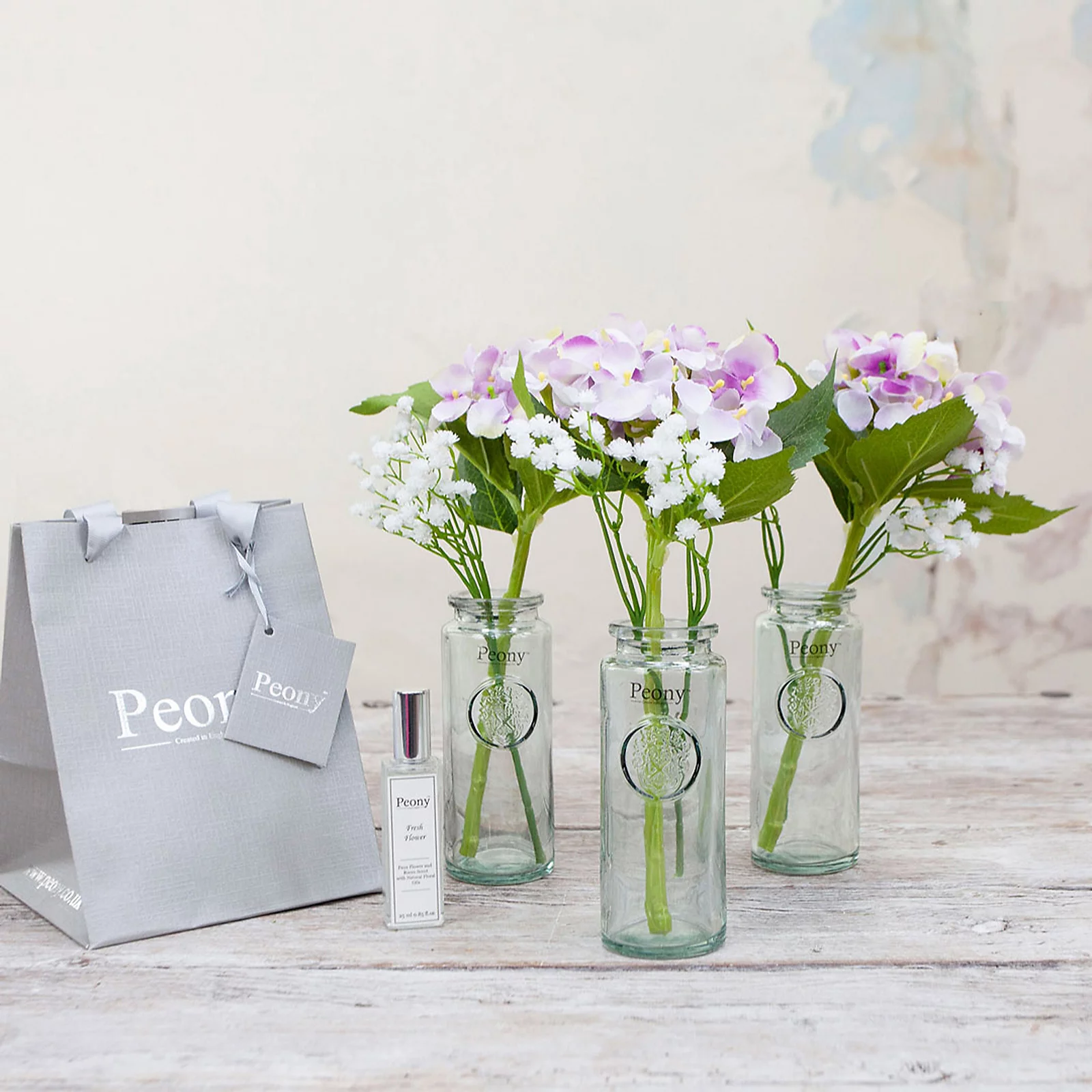 Peony Hydrangea and Gypsophilia in a Ruckley Crest
