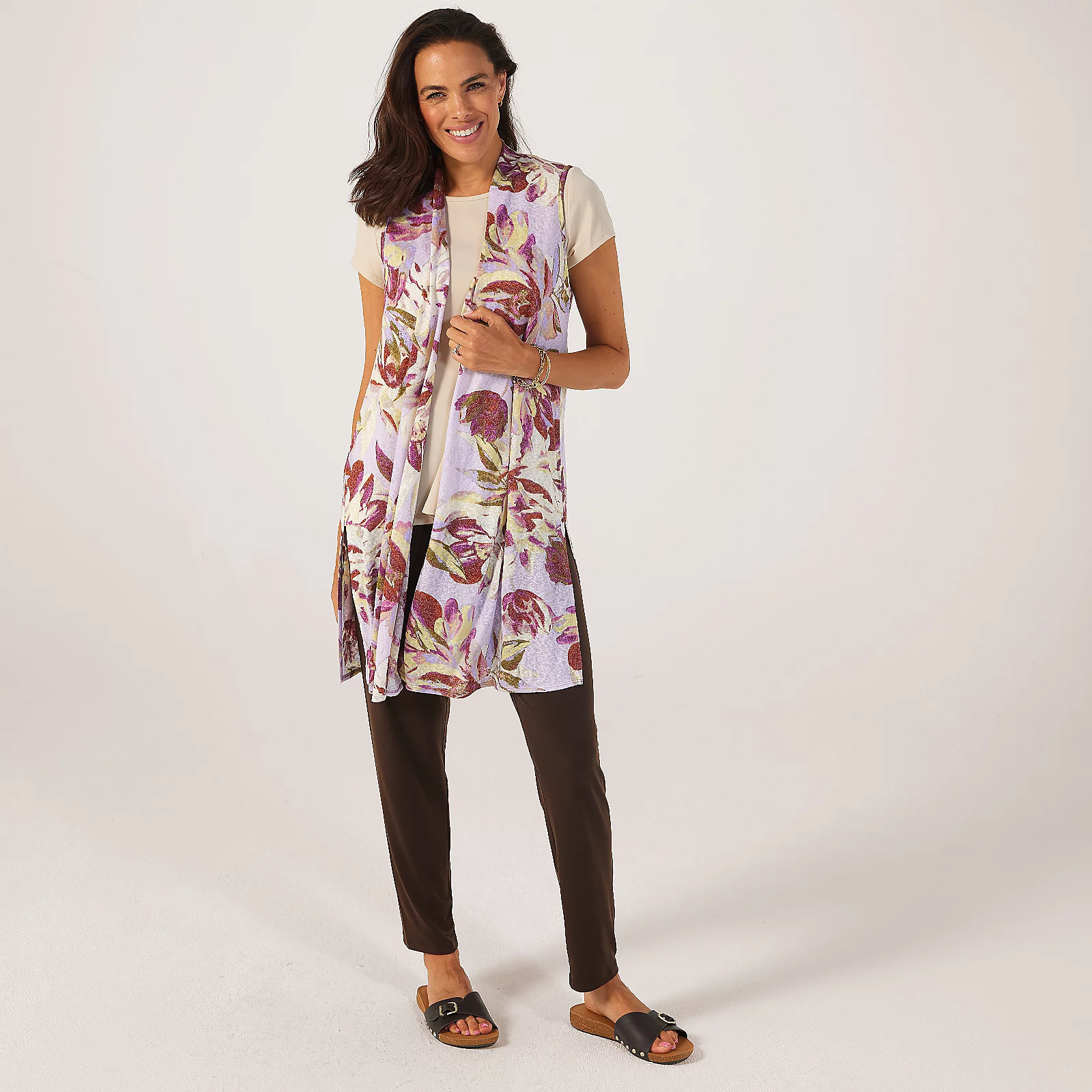 Kim & Co Printed Linen Look Knit Long Waistcoat