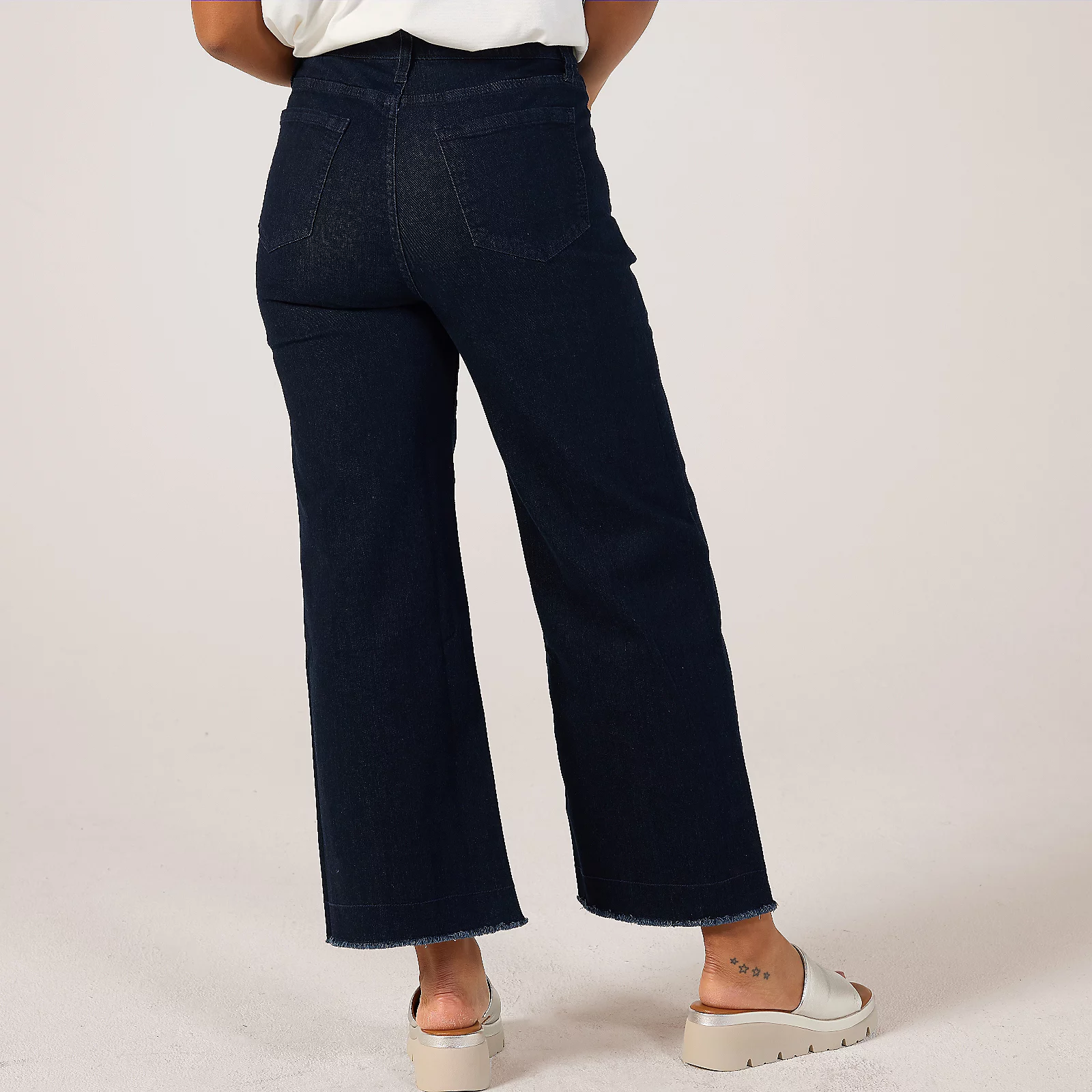 Marla Wynne Denim Relaxed Wide Jean with Frayed Hem Indigo Medium & Dark