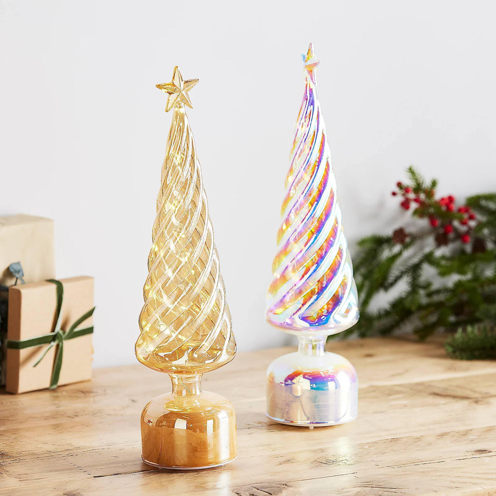 Home Reflections Set of 2 Pre-Lit Rotating Glass Christmas Tree