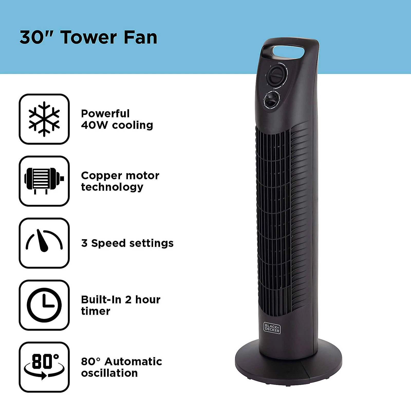Black and Decker 30" Tower Fan 2 Hour Timer