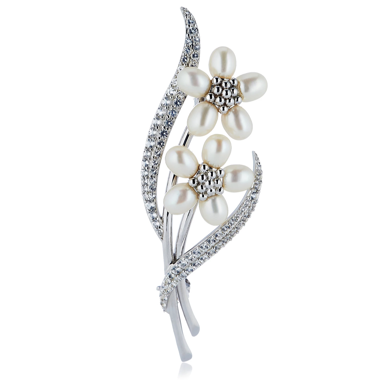 Lara Pearl 4-5mm Oval Freshwater Pearl and White Topaz Brooch Sterling Silver