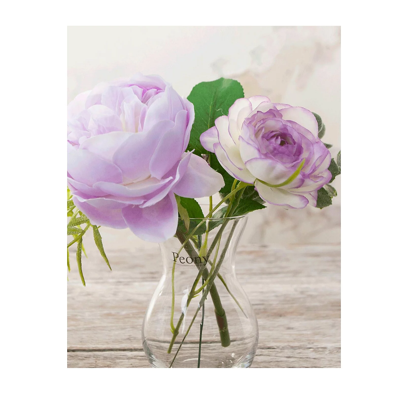 Peony Roses, Ranucula & Foliage in a Dainty Hourglass Vase w/ 4 Candles & Bag 6 Peony Roses, Ranucula & Foliage in a Dainty Hourglass Vase w/ 4 Candles & Bag