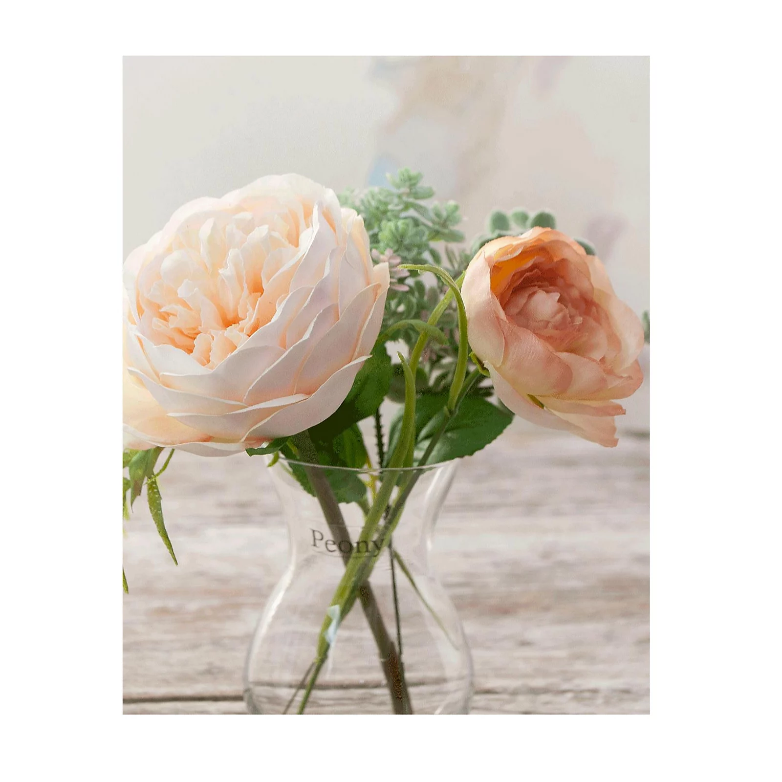 Peony Roses, Ranucula & Foliage in a Dainty Hourglass Vase w/ 4 Candles & Bag 7 Peony Roses, Ranucula & Foliage in a Dainty Hourglass Vase w/ 4 Candles & Bag