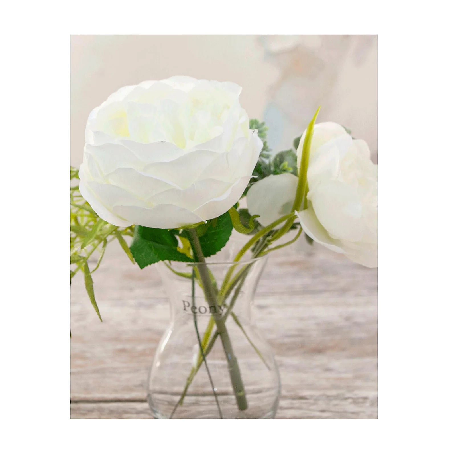 Peony Roses, Ranucula & Foliage in a Dainty Hourglass Vase w/ 4 Candles & Bag 8 Peony Roses, Ranucula & Foliage in a Dainty Hourglass Vase w/ 4 Candles & Bag
