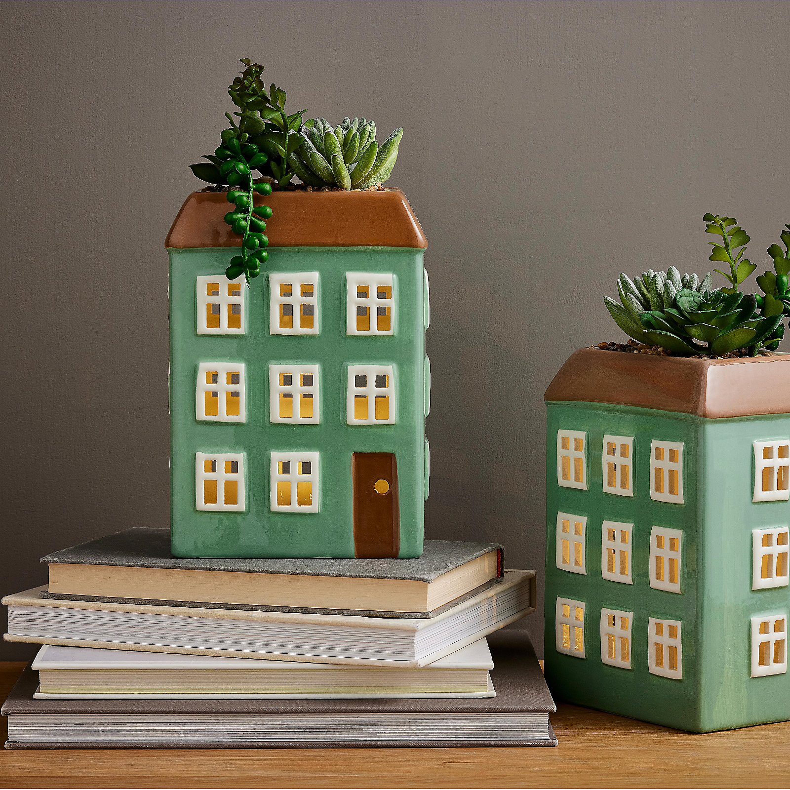 Home Reflections Set of 2 Pre-Lit LED Ceramic House Succulents