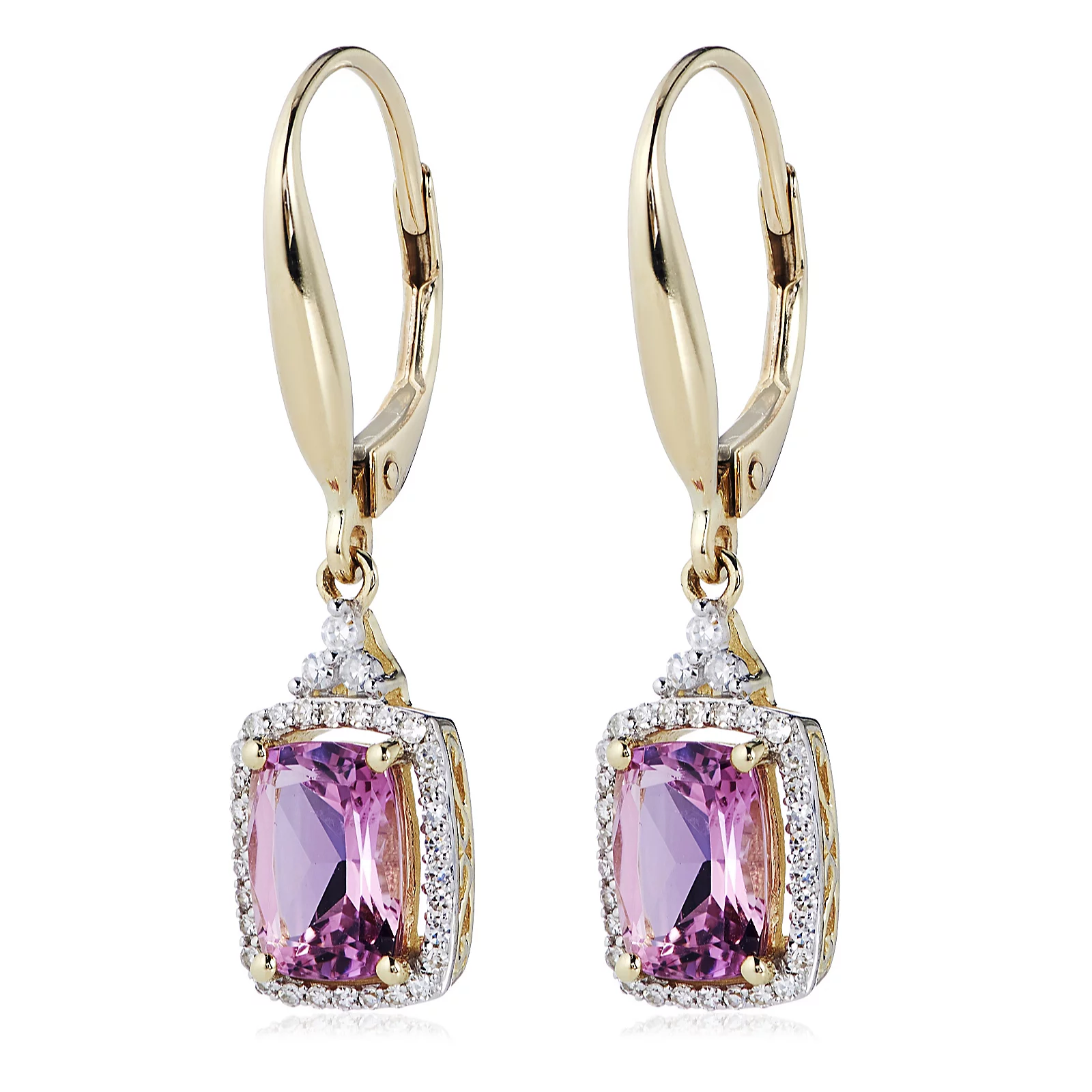 0.15ct Diamond &1.50ct Pink Tourmaline Cushion Cut Lever Back Earrings 9ct Gold
