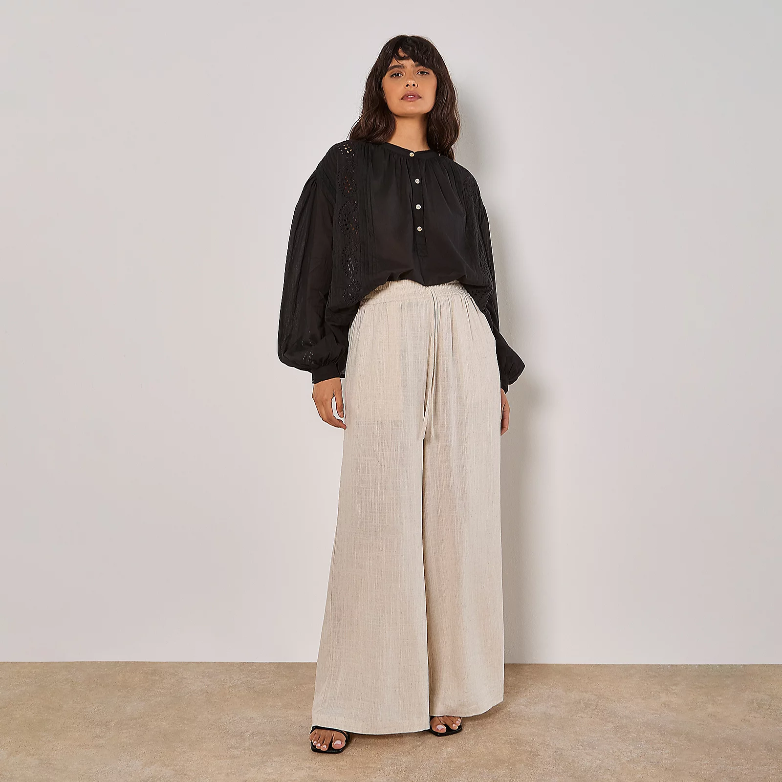 Apricot Wide Leg Elasticated Waist Linen Mix Trousers