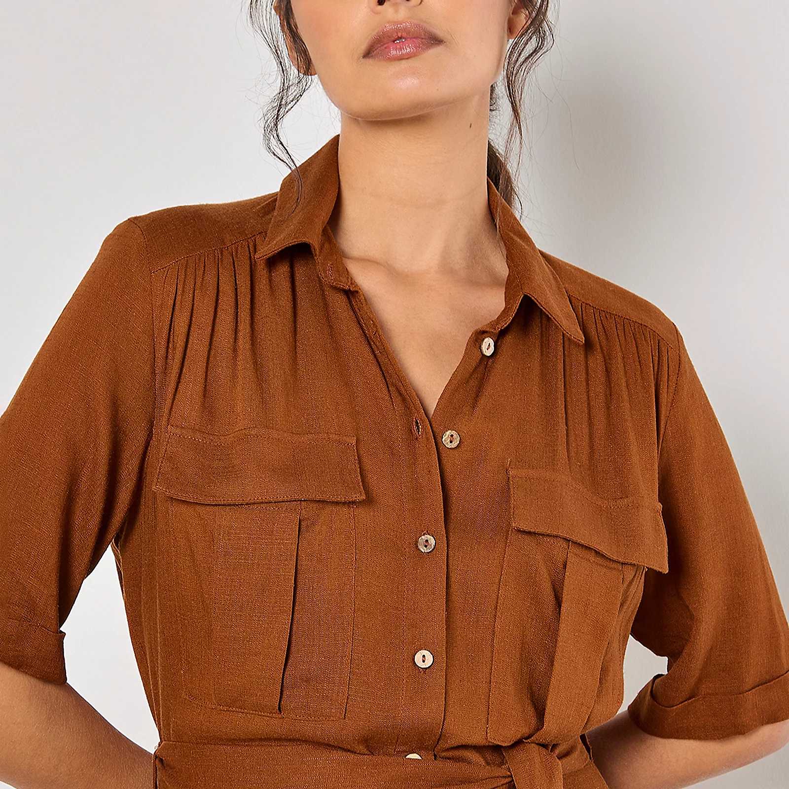 Apricot Utility Linen Shirt Dress
