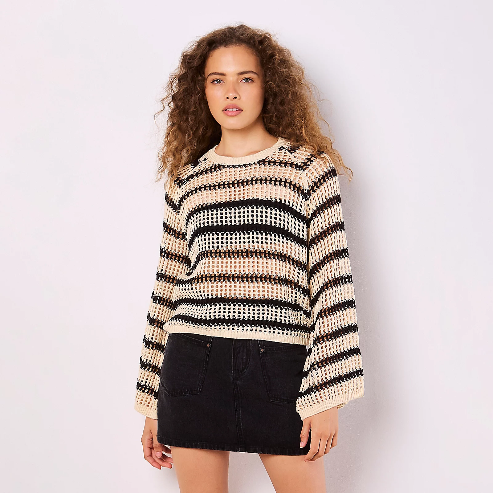 Apricot Stripe Mesh Knit Bell Sleeve Jumper
