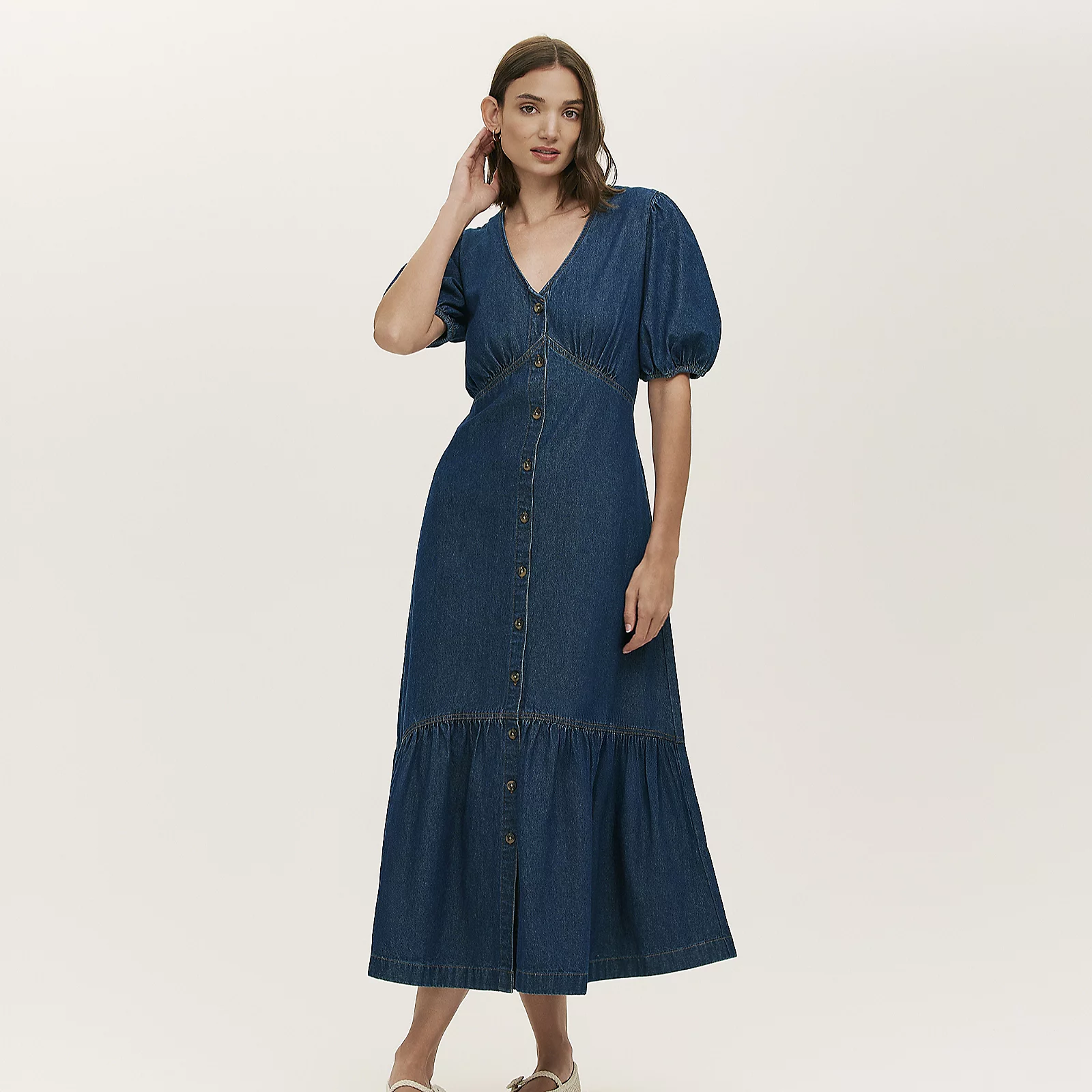 Finery London Goldie 100% Cotton Denim Puff Sleeve Button Detail Dress