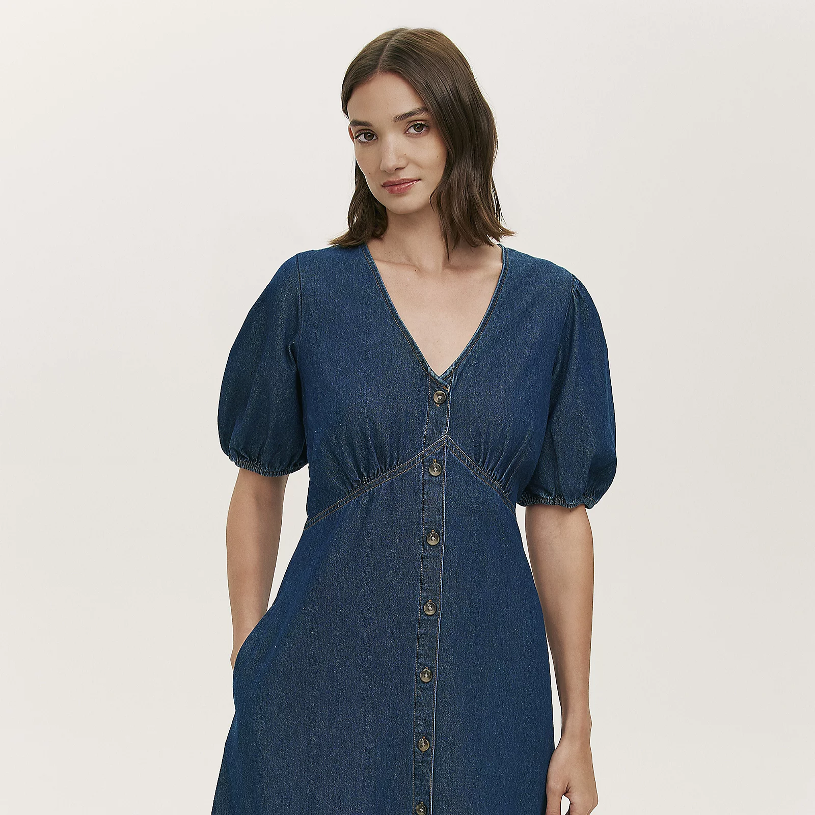 Finery London Goldie 100% Cotton Denim Puff Sleeve Button Detail Dress 3 Finery London Goldie 100% Cotton Denim Puff Sleeve Button Detail Dress