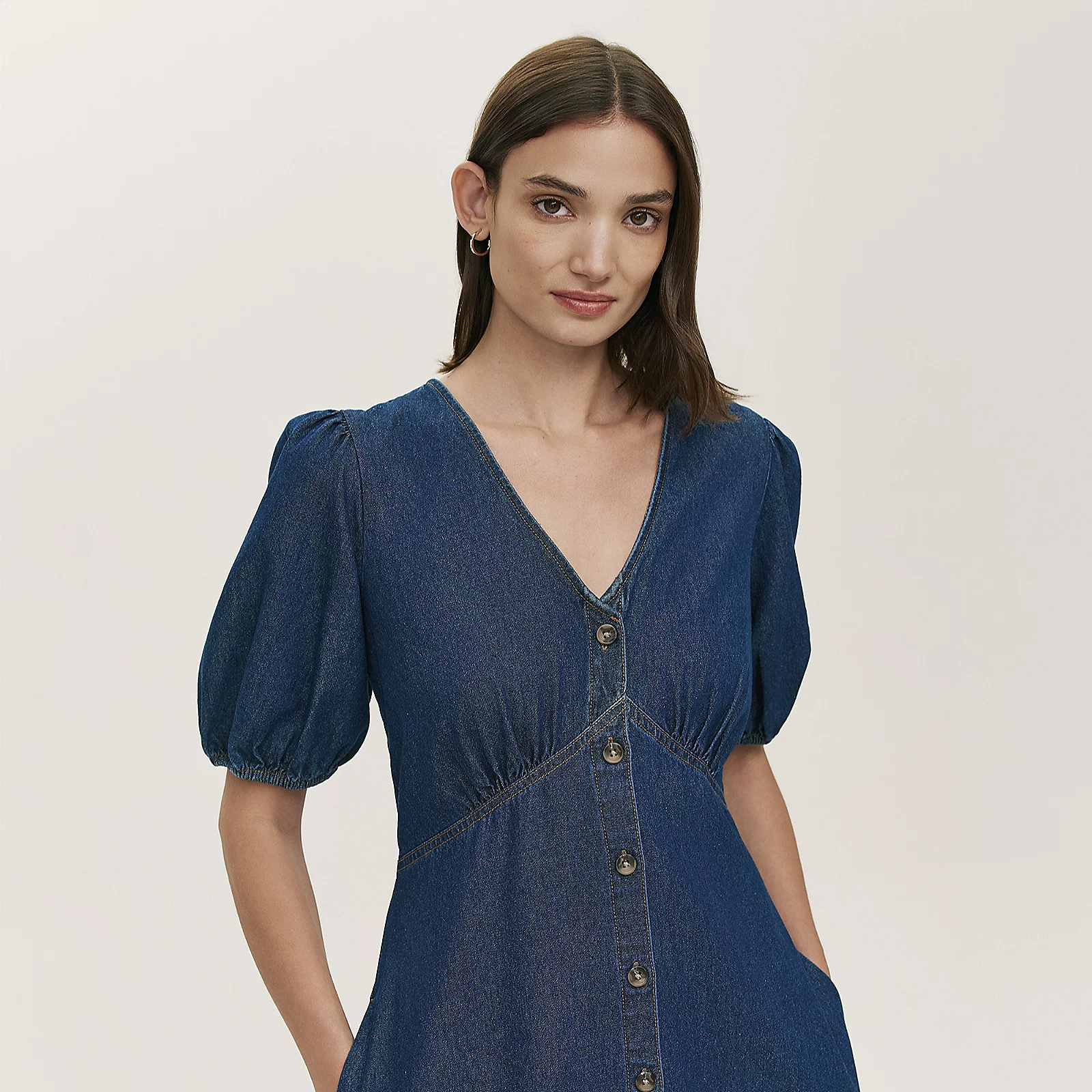 Finery London Goldie 100% Cotton Denim Puff Sleeve Button Detail Dress 4 Finery London Goldie 100% Cotton Denim Puff Sleeve Button Detail Dress