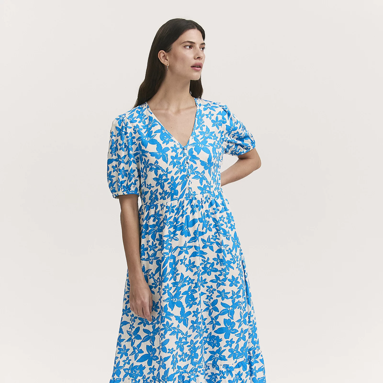 Finery London Sabine Blue Flower Print Dress with Button Detail